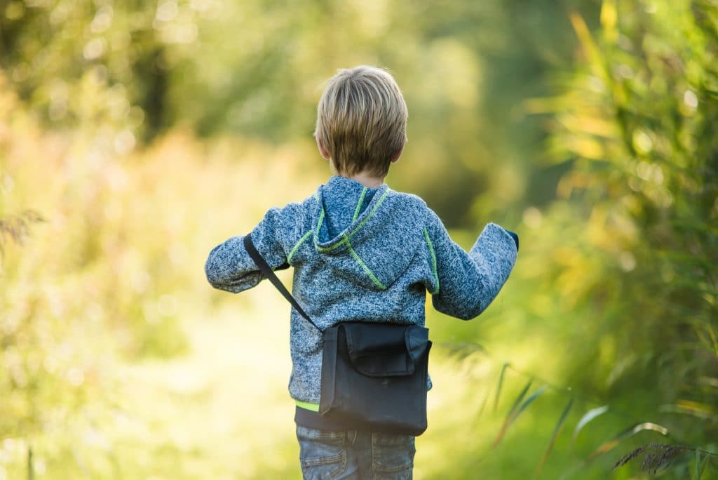 Boy walking in Biesbosch woods