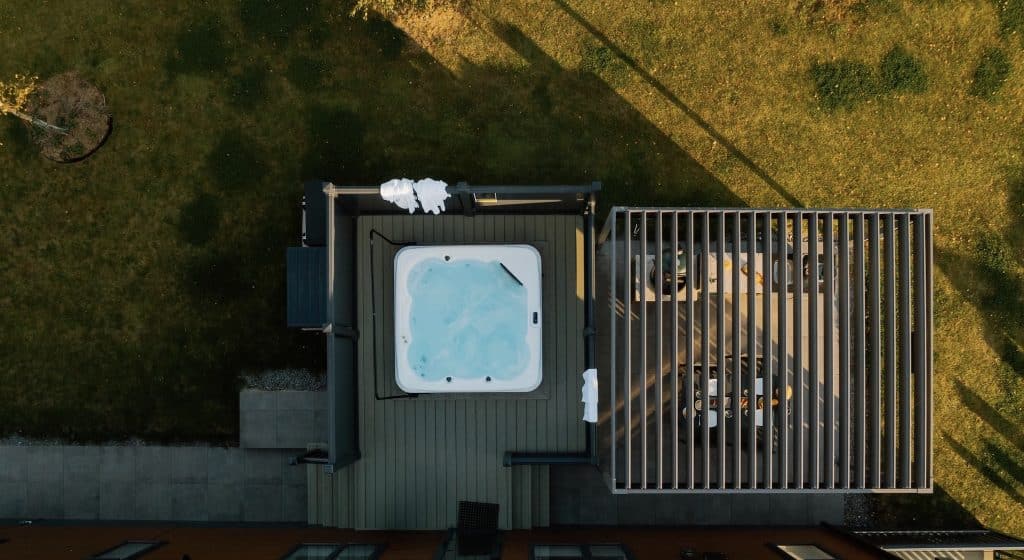 Lodge and hot tub from above